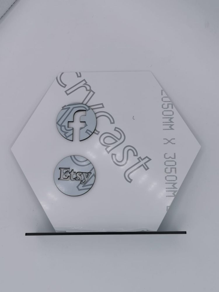 25cm White Acrylic Hexagon with Black stand and  social media icons