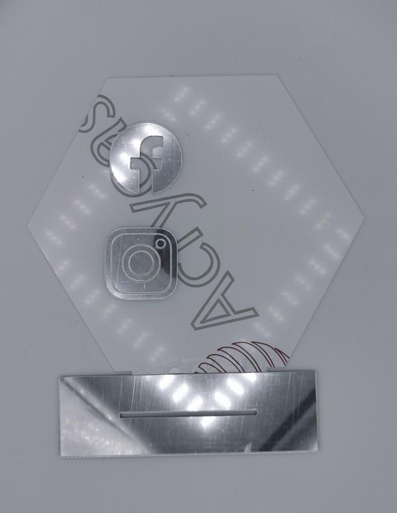 25cm Clear Acrylic Hexagon with Silver Mirror stand and  social media icons