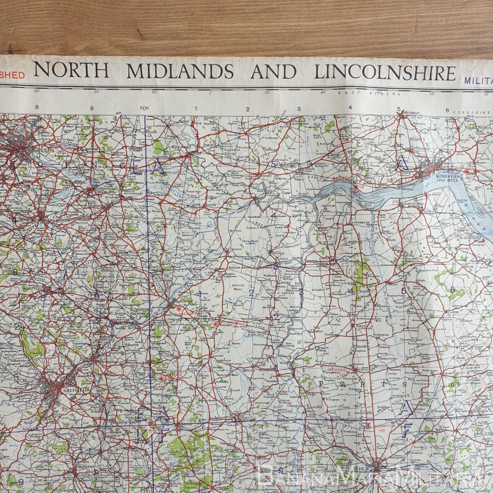 British Army/RAF WW2 map of Britain showing airfields - N. Midlands & Linco