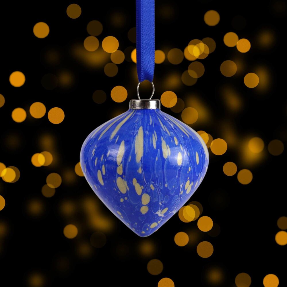 Small ceramic marbled Christmas drop shape ornament blue and gold spots
