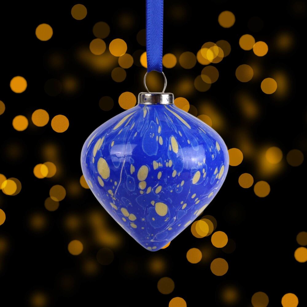 Small ceramic marbled Christmas drop shape ornament blue and gold spots