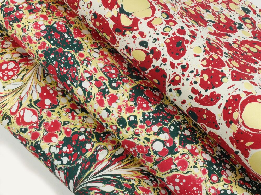 Crimson gold and deep green stone pattern marbled A2 paper design