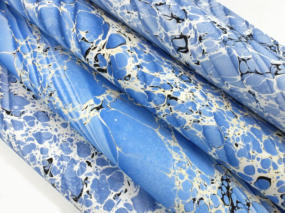 Blue white black Spanish ripple pattern marbled A2 paper design