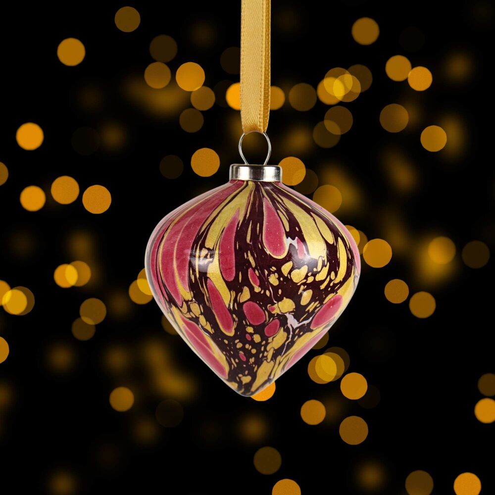 Small ceramic marbled Christmas drop shape ornament Crimson and gold spots