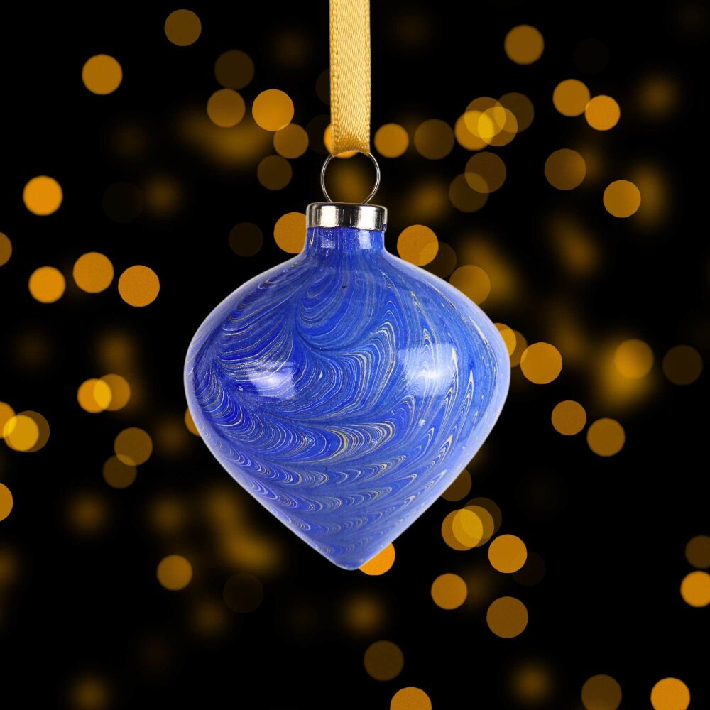 Small ceramic marbled Christmas drop shape ornament blue and gold nonpareil