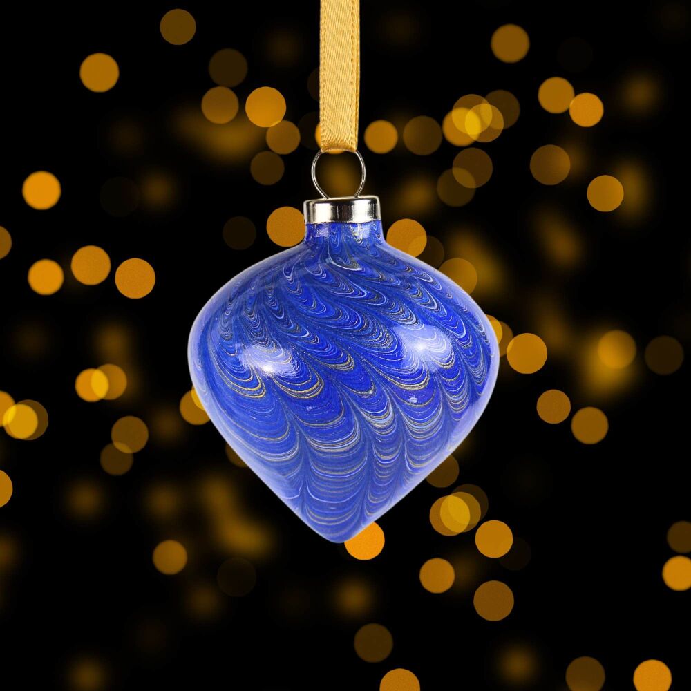 Small ceramic marbled Christmas drop shape ornament blue and gold nonpareil
