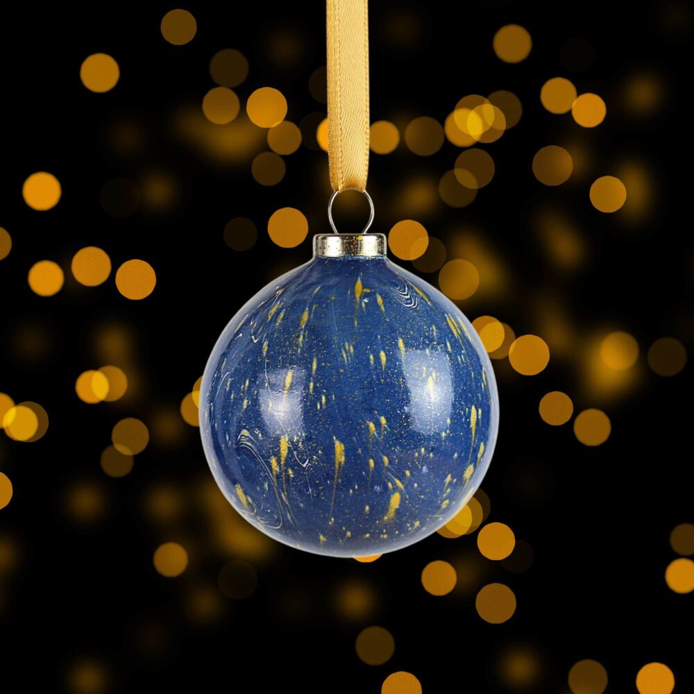 'Leonid' Small 5cm ceramic marbled Christmas bauble Prussian blue and gold
