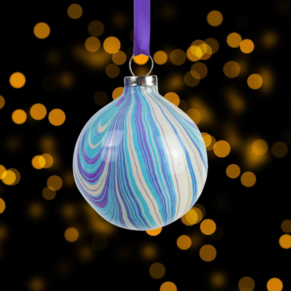 Purple gold cream and turquoise 5cm ceramic marbled Christmas bauble ball