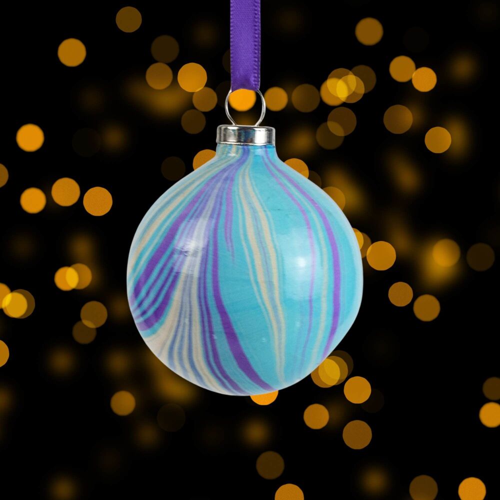 Purple gold cream and turquoise 5cm ceramic marbled Christmas bauble ball