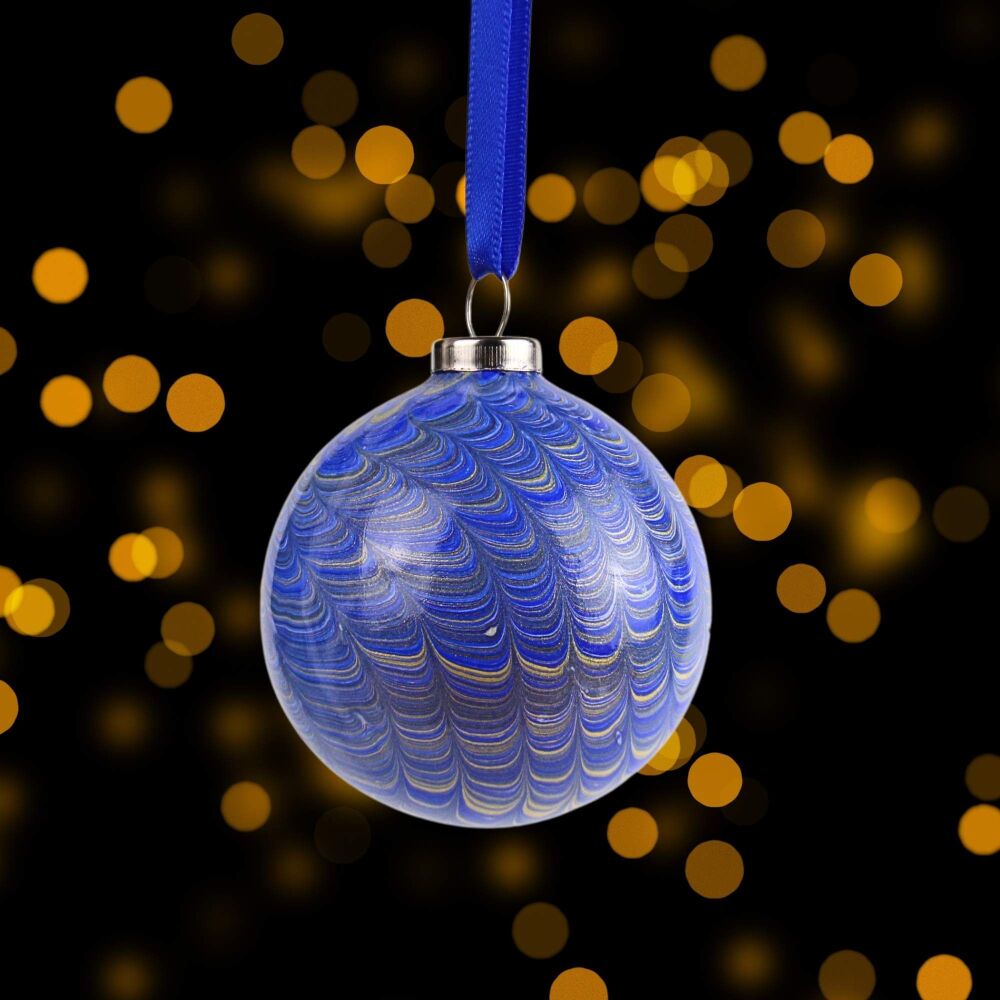 Blue and gold nonpareil pattern 5cm ceramic marbled Christmas bauble ball