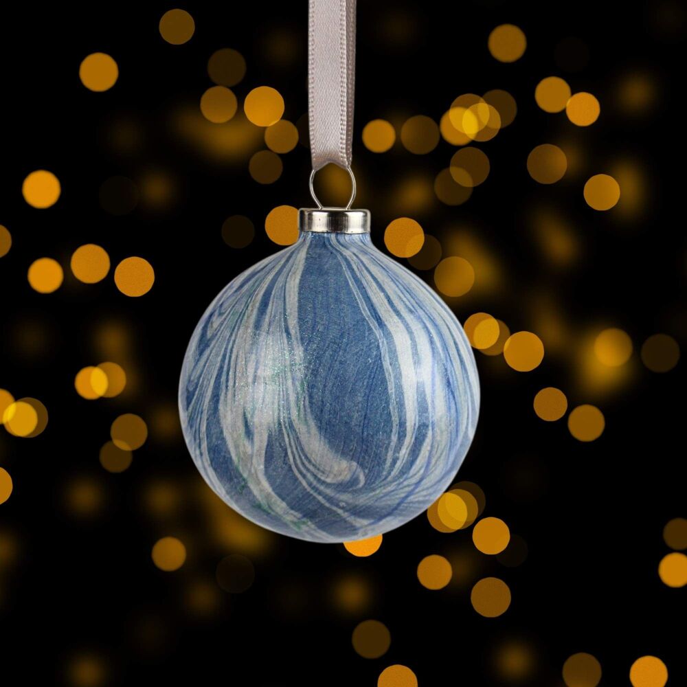 Blue and silver striped 5cm ceramic Christmas ball bauble tree decoration