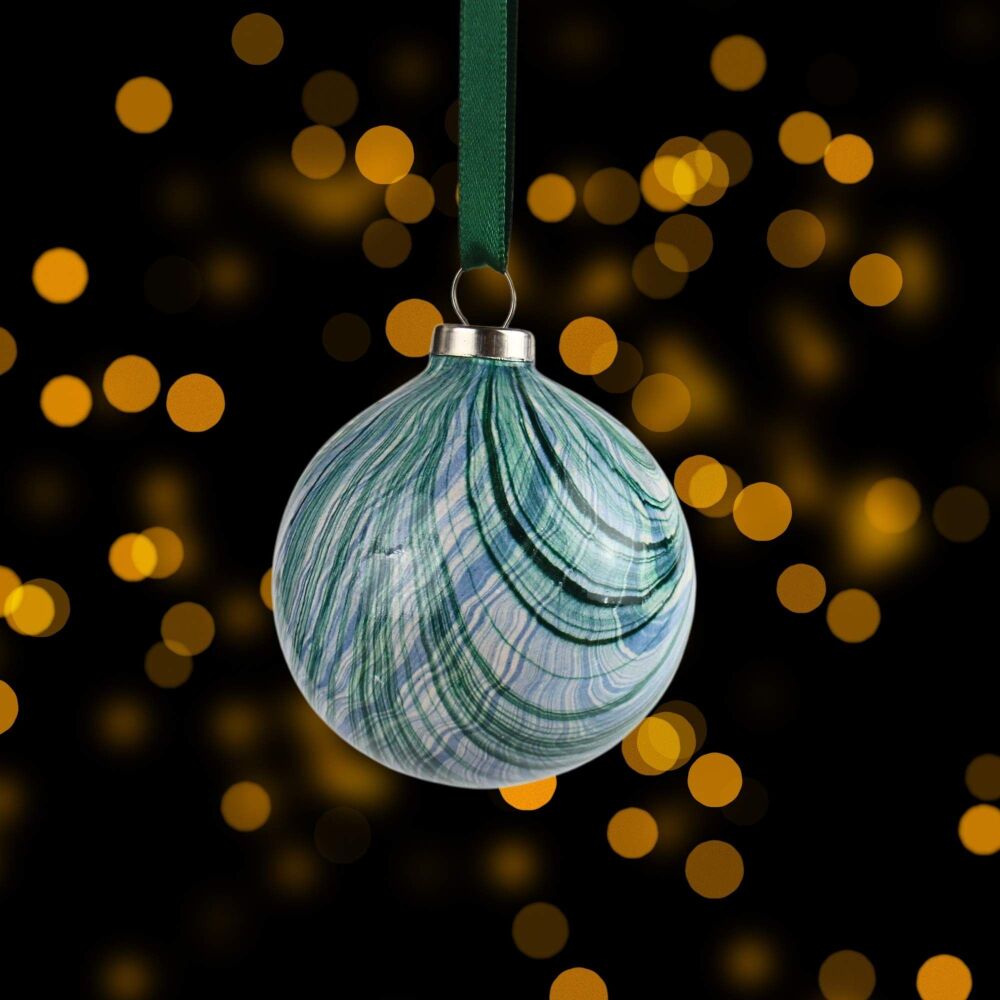 Blue and green striped 5cm ceramic Christmas ball bauble tree decoration