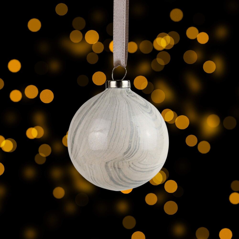 White and silver striped 5cm ceramic Christmas ball bauble tree decoration