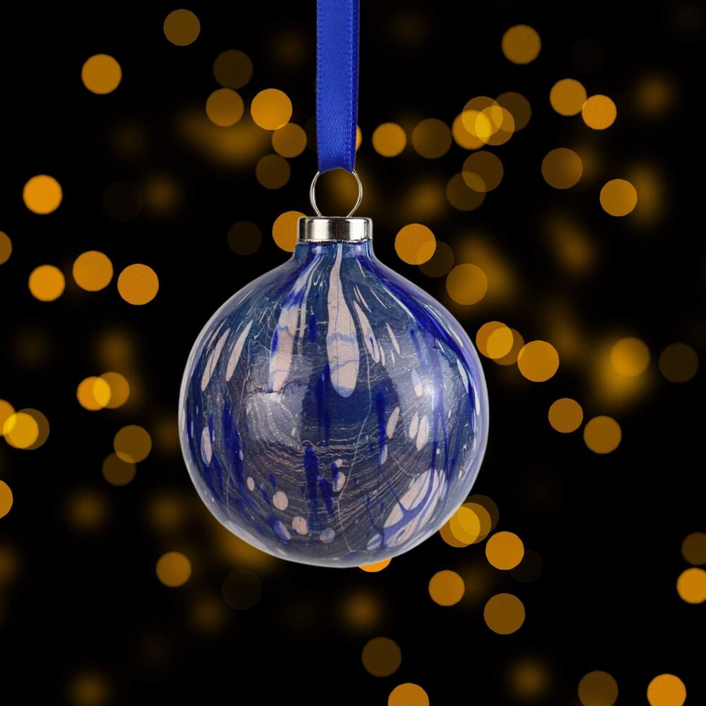 Blue and pale copper striped 5cm ceramic Christmas ball bauble tree decoration