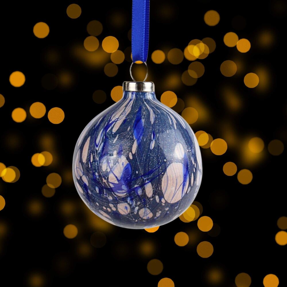 Blue and pale copper striped 5cm ceramic Christmas ball bauble tree decorat