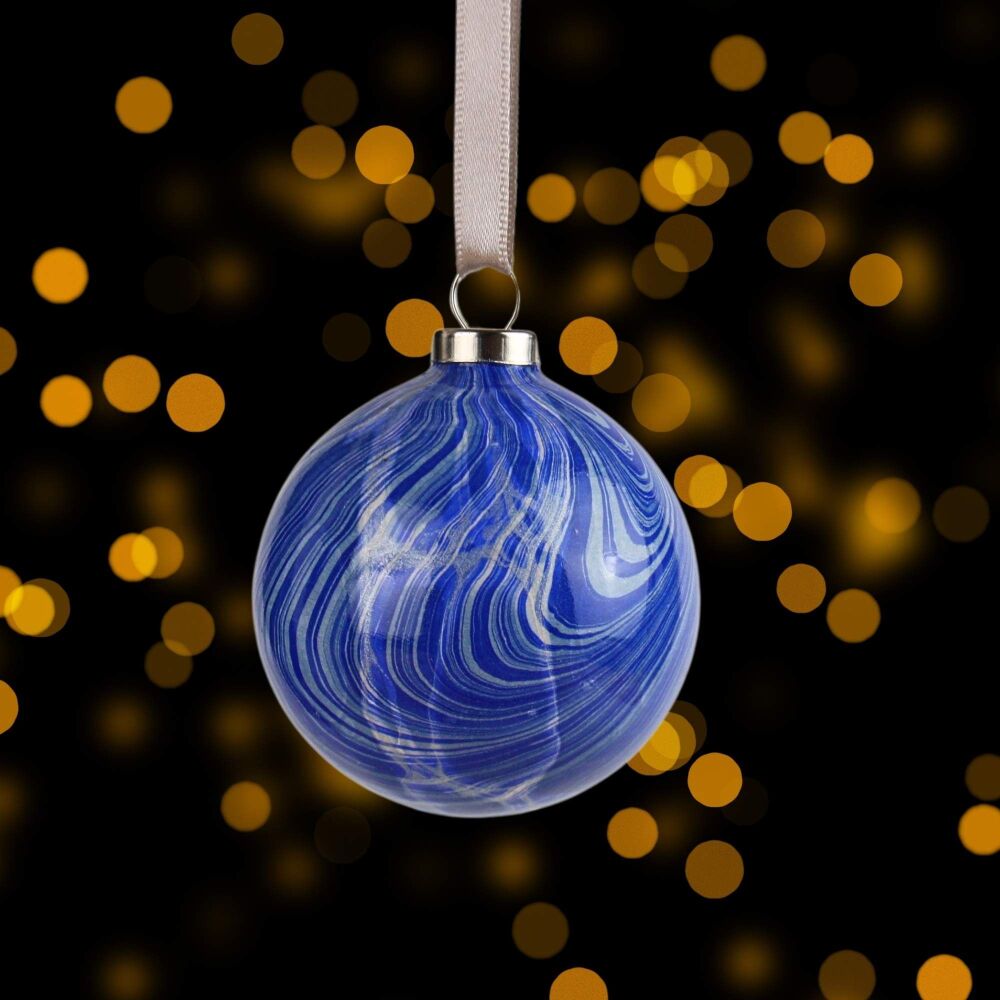 Royal blue and silver striped 5cm ceramic Christmas ball bauble tree decoration