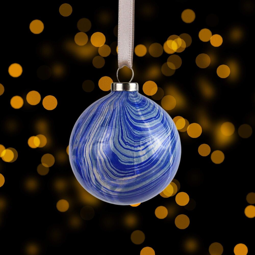 Royal blue and silver striped 5cm ceramic Christmas ball bauble tree decoration