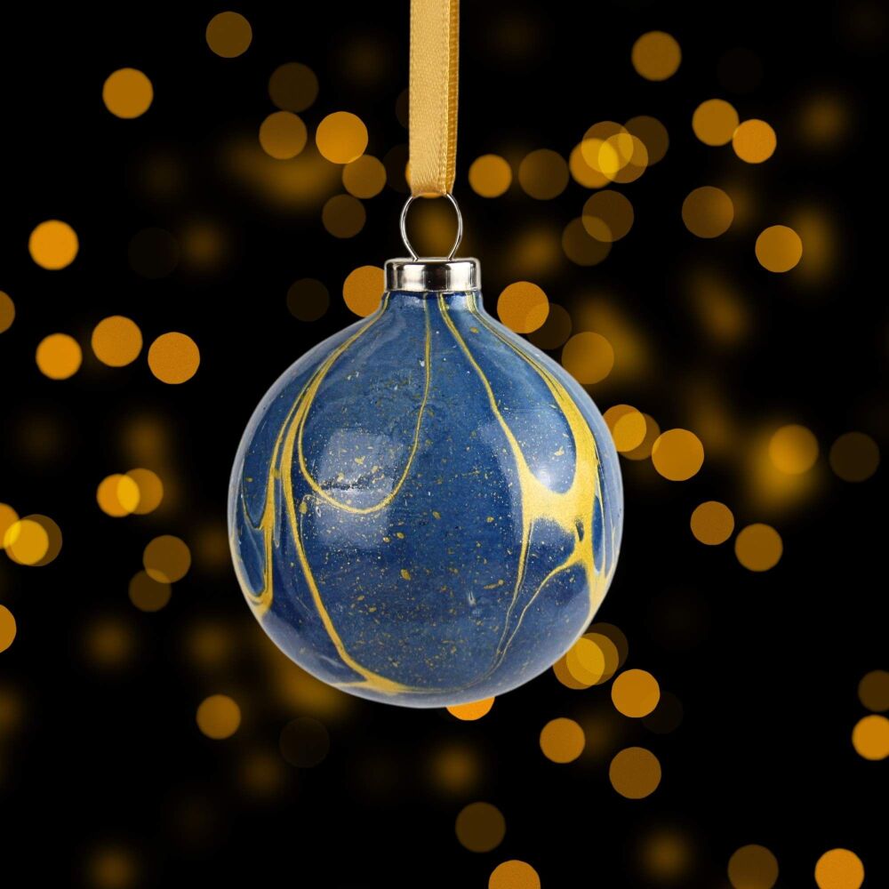 Prussian blue and gold 5cm ceramic Christmas ball bauble tree decoration