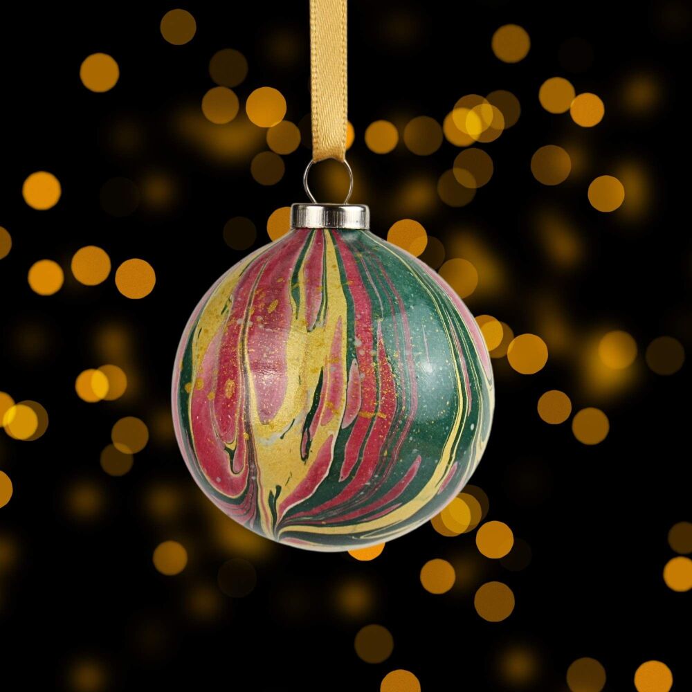 Green crimson and gold traditional colour 5cm ceramic Christmas ball bauble tree decoration