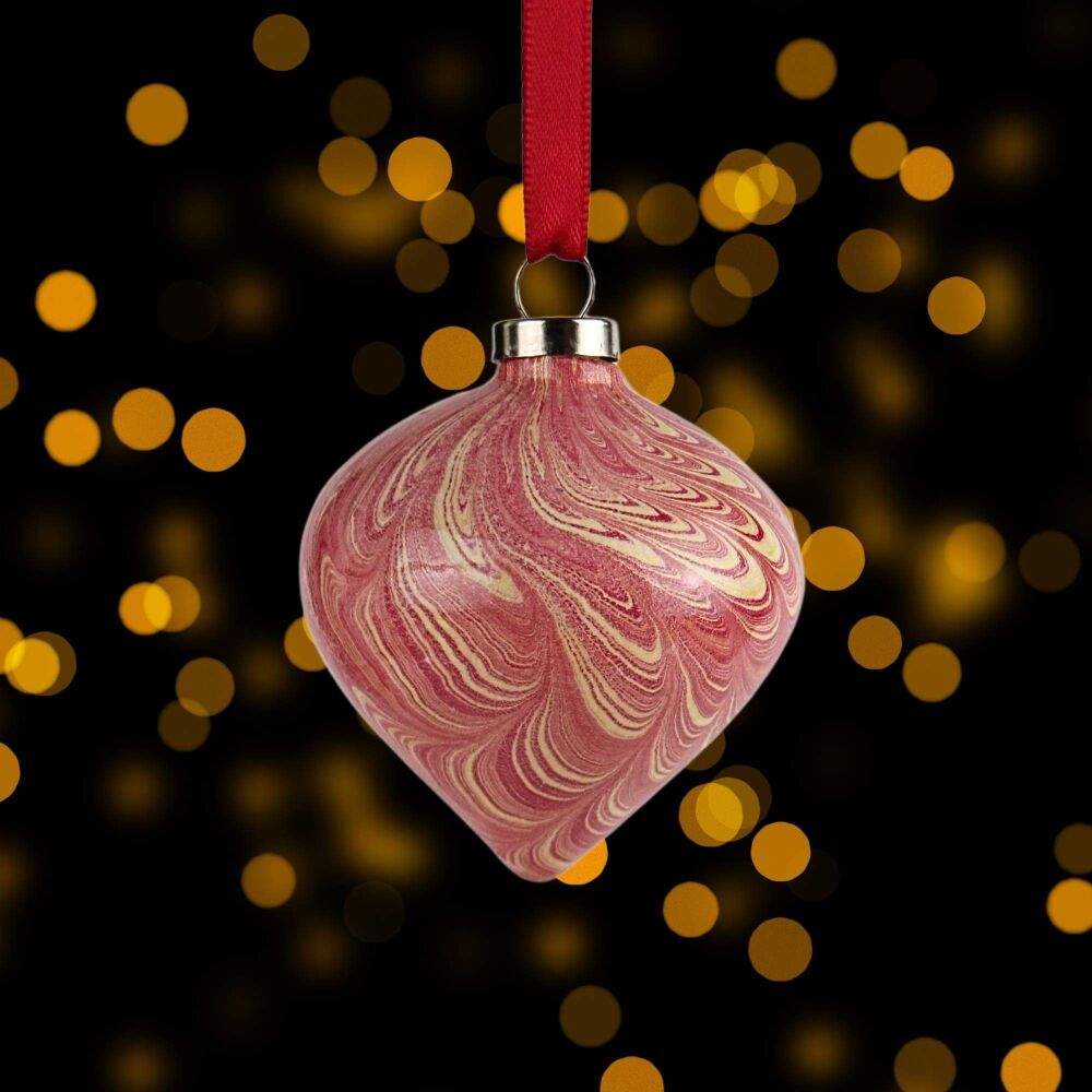 Small ceramic marbled Christmas drop shape ornament crimson and gold nonpareil