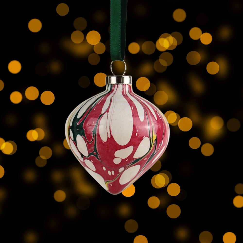 Small ceramic marbled Christmas drop shape ornament crimson, forest green, gold and white