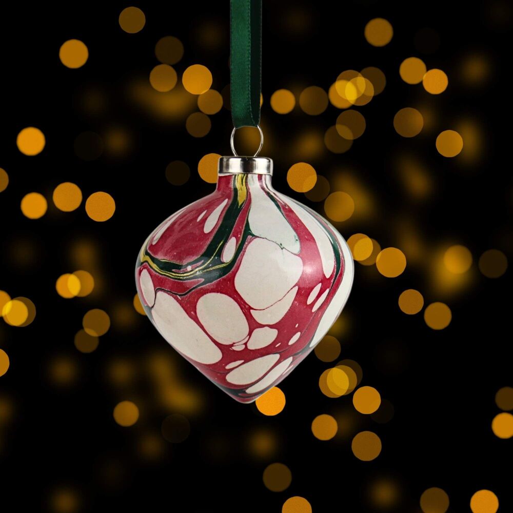 Small ceramic marbled Christmas drop shape ornament crimson, forest green, gold and white