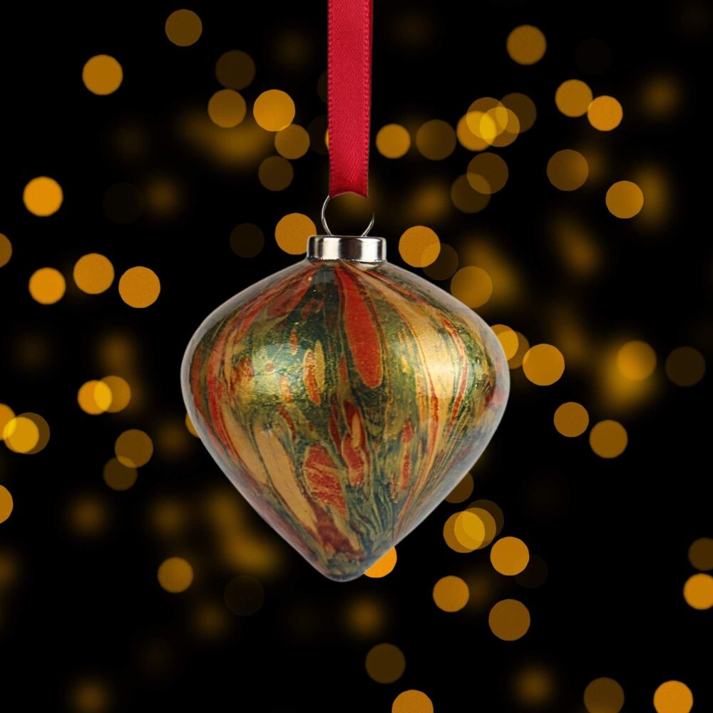 Small ceramic marbled Christmas drop shape ornament gold, red, burgundy and dark blue