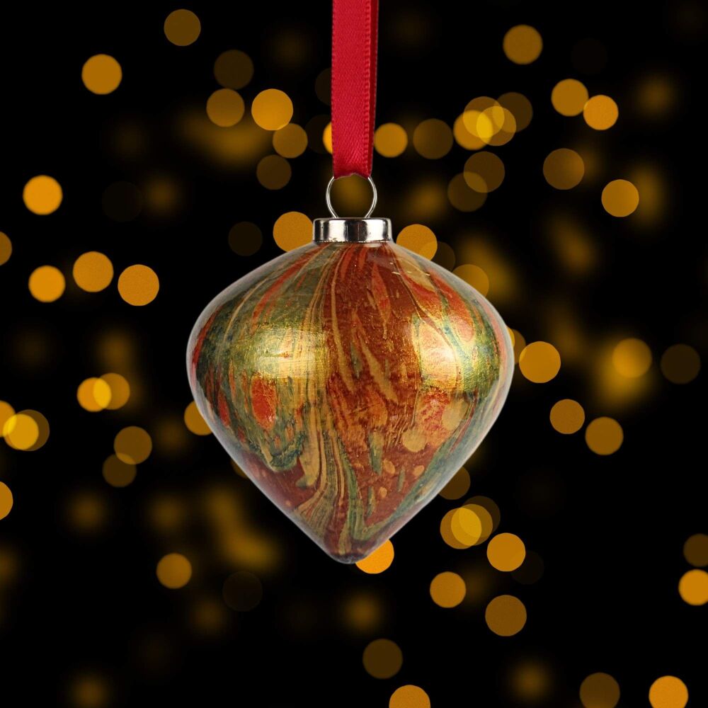 Small ceramic marbled Christmas drop shape ornament gold, red, burgundy and dark blue