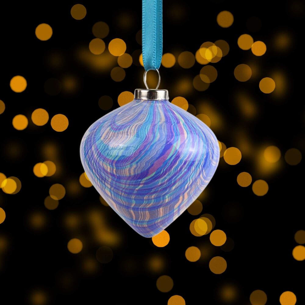Small ceramic marbled Christmas drop shape ornament turquoise, pale copper and purple stripes