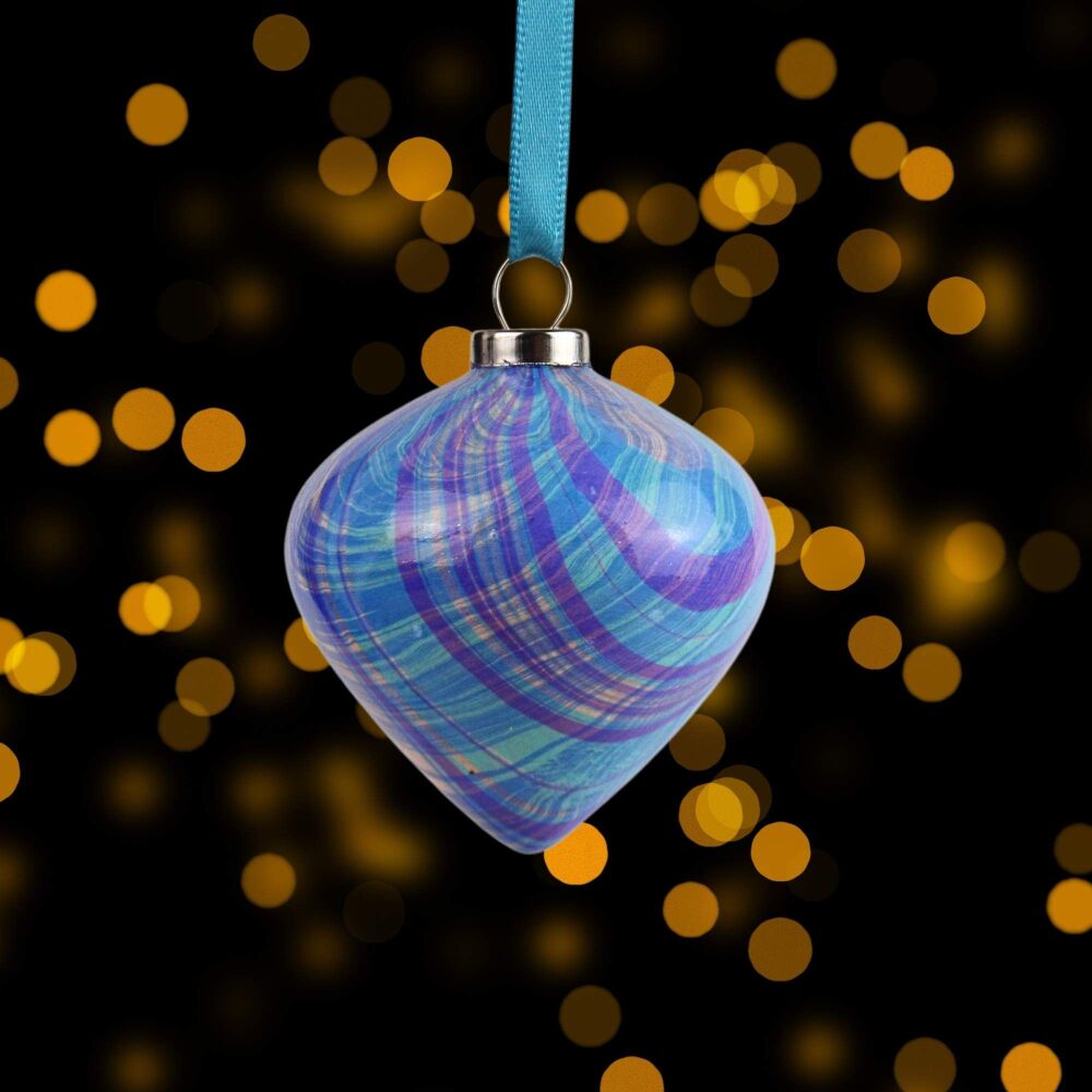 Small ceramic marbled Christmas drop shape ornament turquoise, pale copper and purple stripes