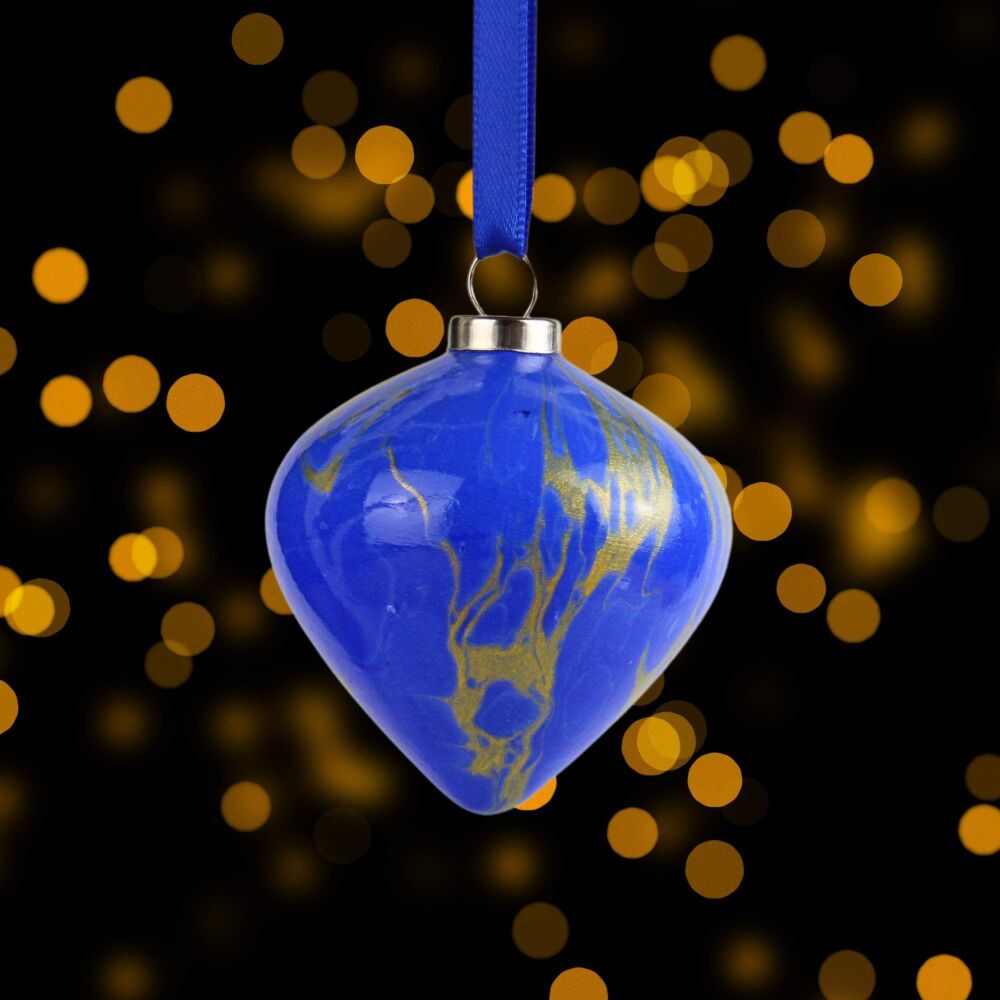 Small ceramic marbled Christmas drop shape ornament blue and gold Lapis