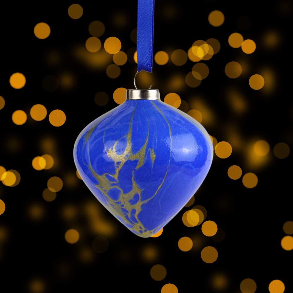 Small ceramic marbled Christmas drop shape ornament blue and gold Lapis