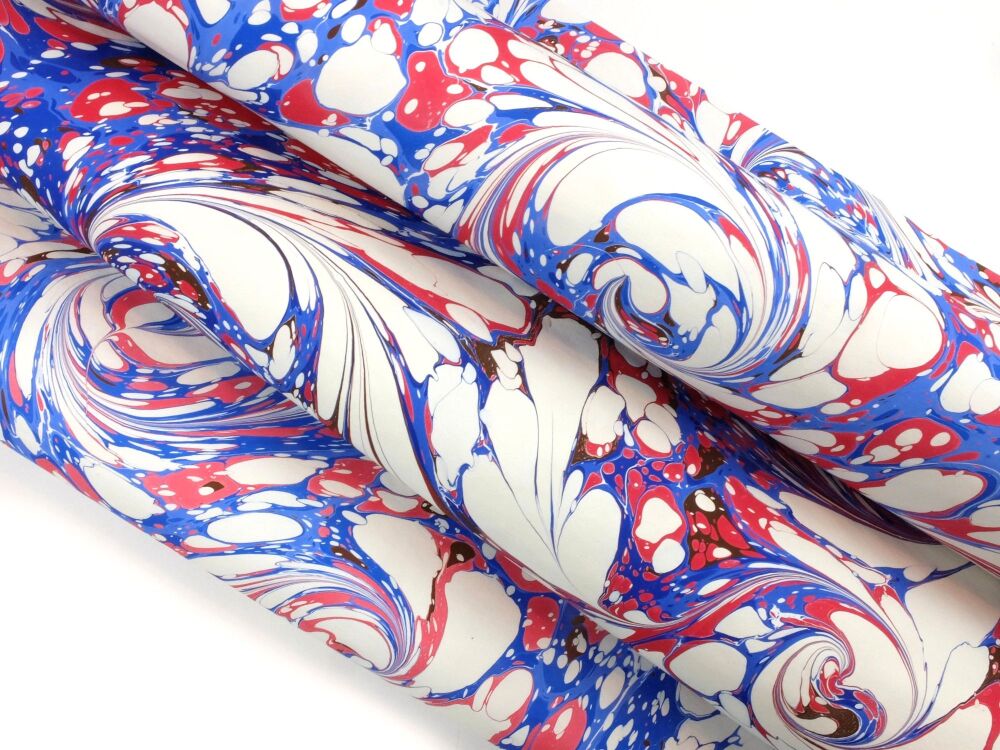 Red, blue, brown and cream drawn stone pattern marbled A2 paper design