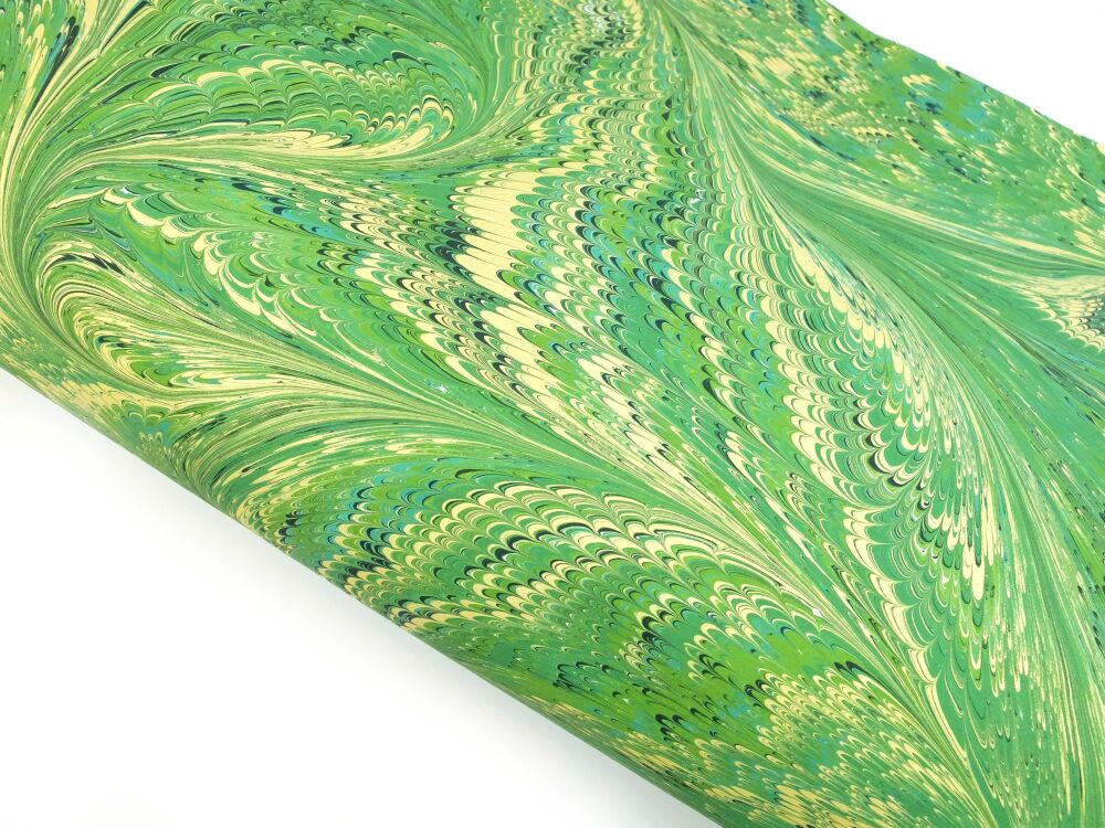 Greens and gold drawn nonpareil pattern marbled A2 paper design