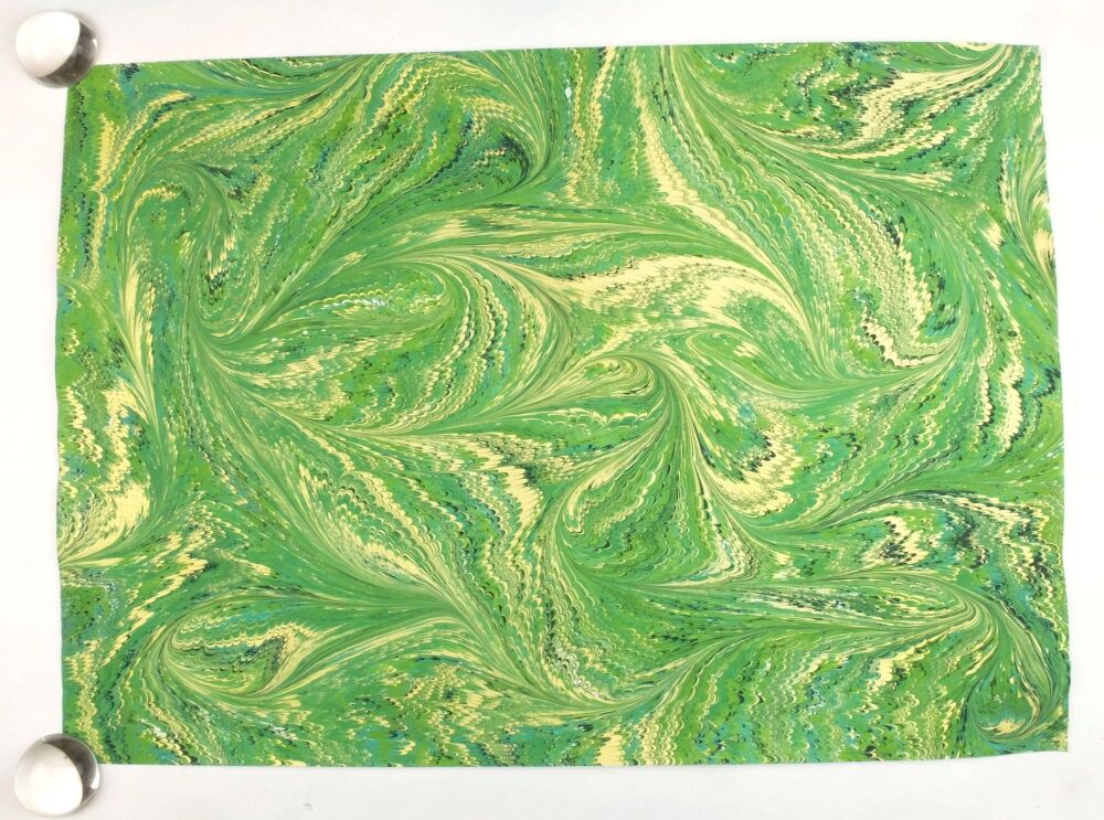 Greens and gold drawn nonpareil pattern marbled A2 paper design