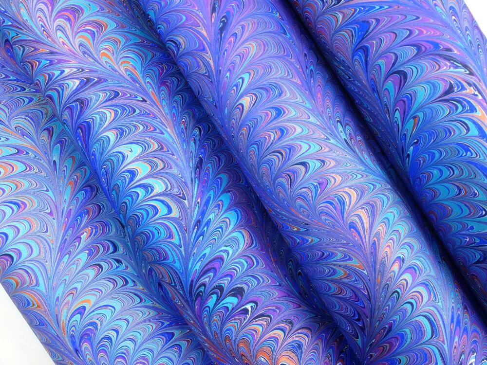 Blue, purple, turquoise copper waved Icarus pattern marbled A2 paper design