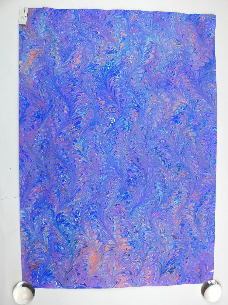 Blue, purple, turquoise copper waved Icarus pattern marbled A2 paper design