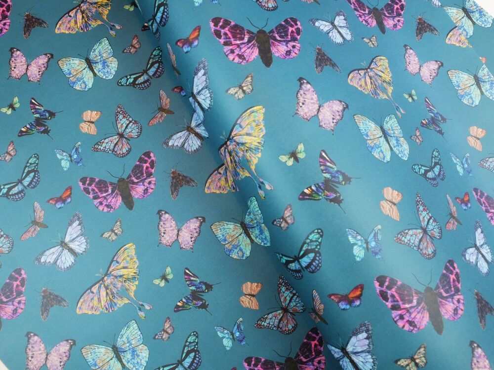 Papillio Butterflies and moths on teal 70 x 50 cm printed marbled wrapping paper gift wrap
