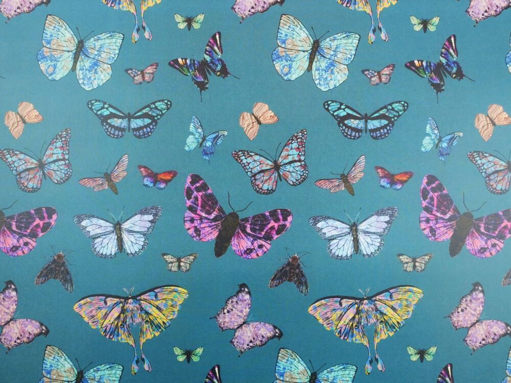 Papillio Butterflies and moths on teal 70 x 50 cm printed marbled wrapping paper gift wrap