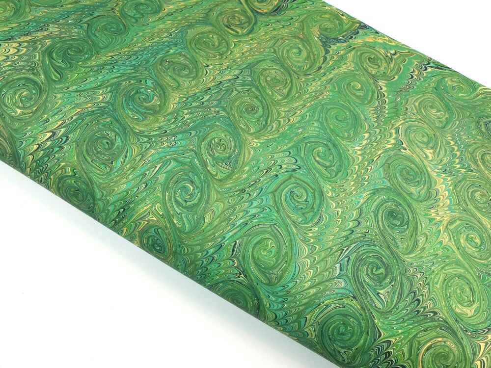 Greens and gold French curl pattern marbled A2 paper design