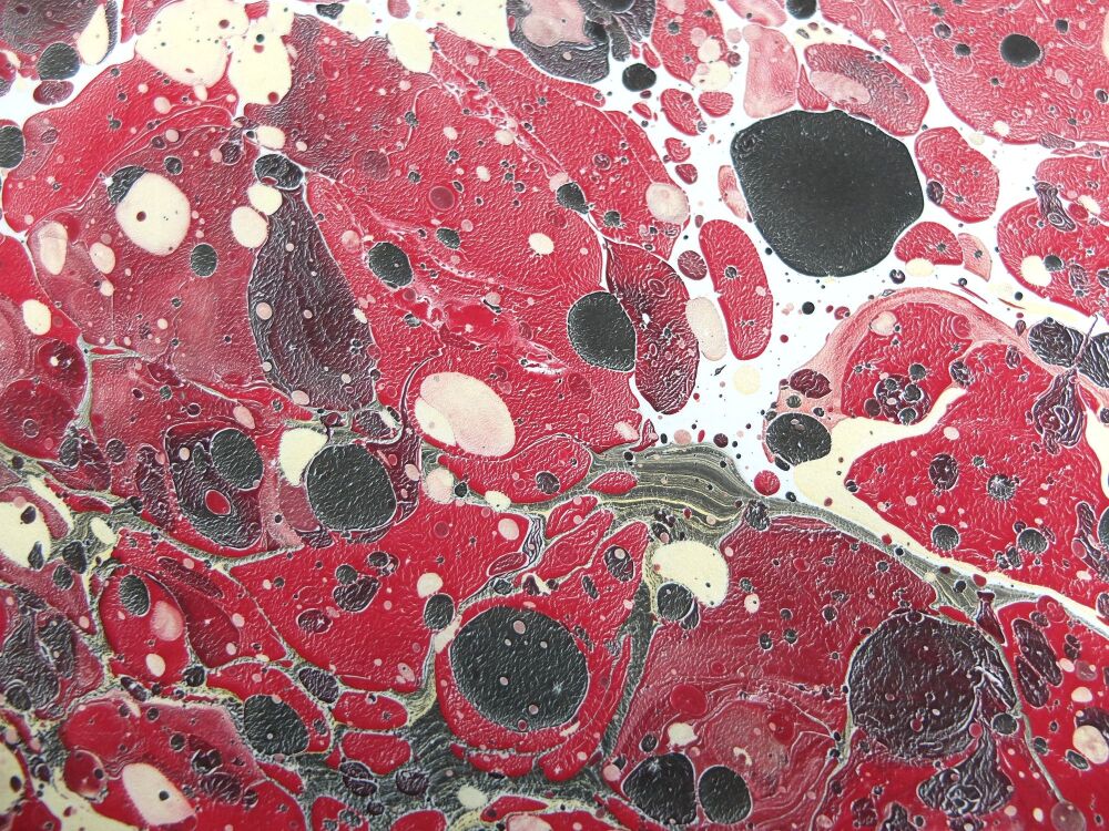 Crimson, black, gold and white stone pattern 'Lapidarium II' marbled A2 paper design