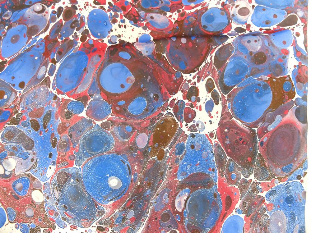 Crimson, cream, brown and blue stone pattern 'Lapidarium III' marbled A2 paper design