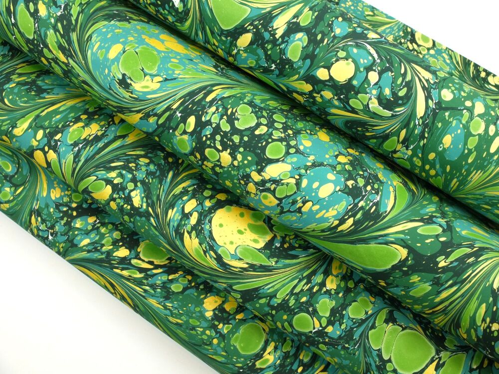 Green and gold drawn stone pattern A2 marbled paper