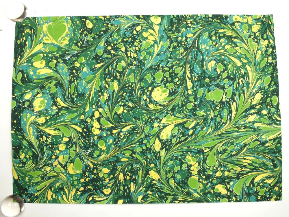 Green and gold drawn stone pattern A2 marbled paper