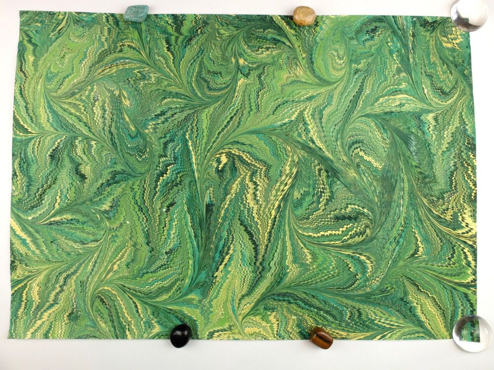Greens and gold drawn nonpareil A2 marbled paper design