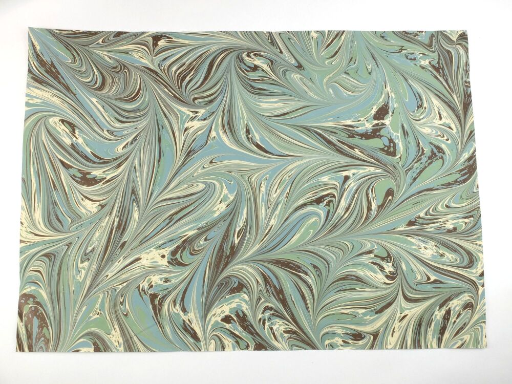 Sage green, chocolate brown and cream pattern A2 marbled paper