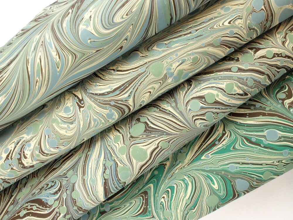 Sage green, chocolate brown and cream pattern A2 marbled paper