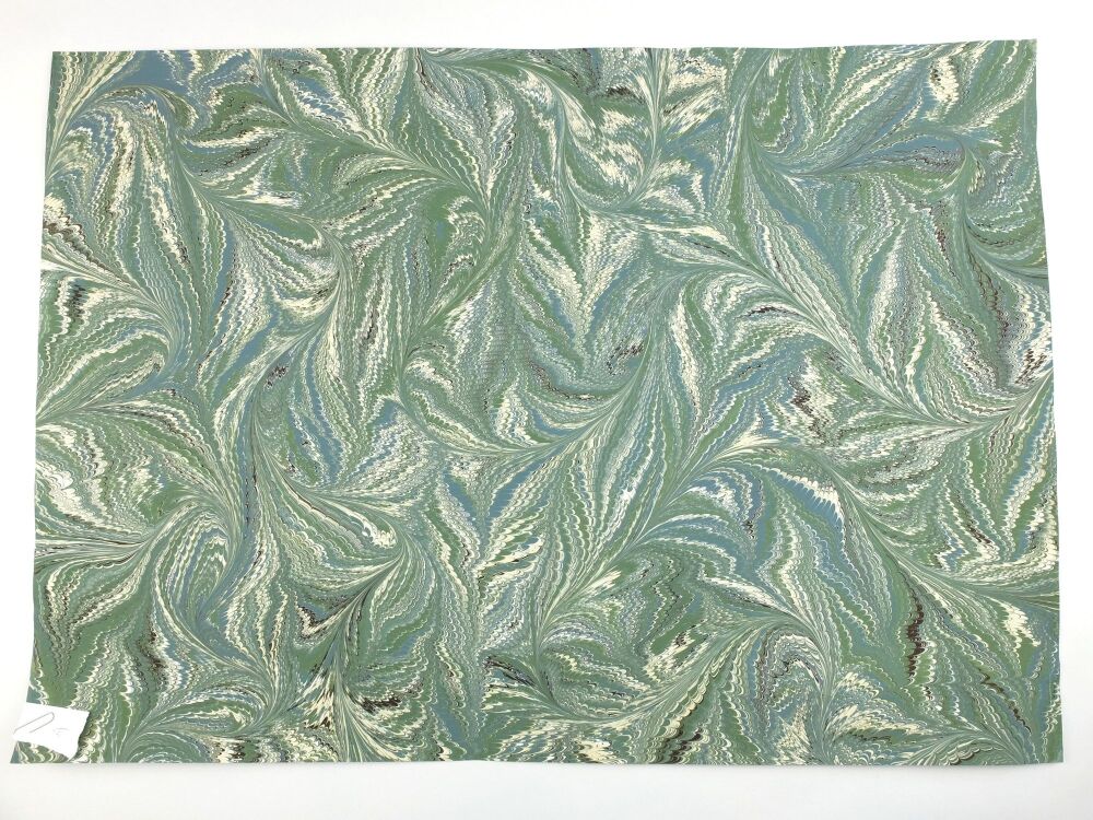 Sage green, chocolate brown and cream drawn nonpareil pattern A2 marbled paper