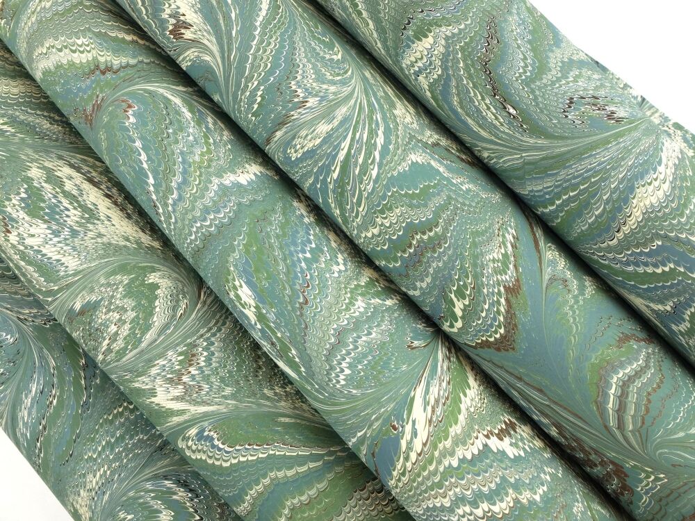 Sage green, chocolate brown and cream drawn nonpareil pattern A2 marbled paper