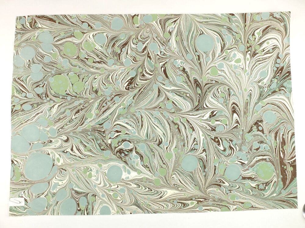 Sage green, chocolate brown and cream pattern A2 marbled paper